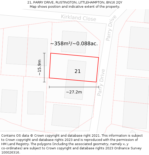 21, PARRY DRIVE, RUSTINGTON, LITTLEHAMPTON, BN16 2QY: Plot and title map