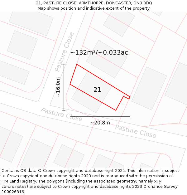 21, PASTURE CLOSE, ARMTHORPE, DONCASTER, DN3 3DQ: Plot and title map