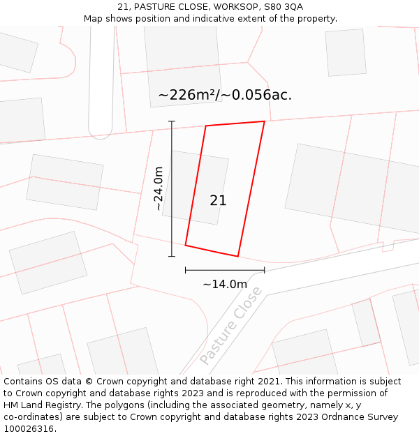 21, PASTURE CLOSE, WORKSOP, S80 3QA: Plot and title map