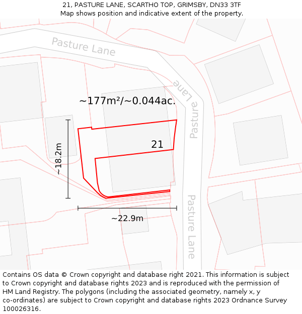 21, PASTURE LANE, SCARTHO TOP, GRIMSBY, DN33 3TF: Plot and title map
