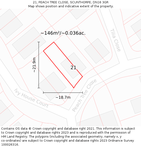 21, PEACH TREE CLOSE, SCUNTHORPE, DN16 3GR: Plot and title map