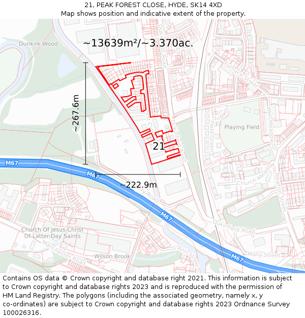 21, PEAK FOREST CLOSE, HYDE, SK14 4XD: Plot and title map