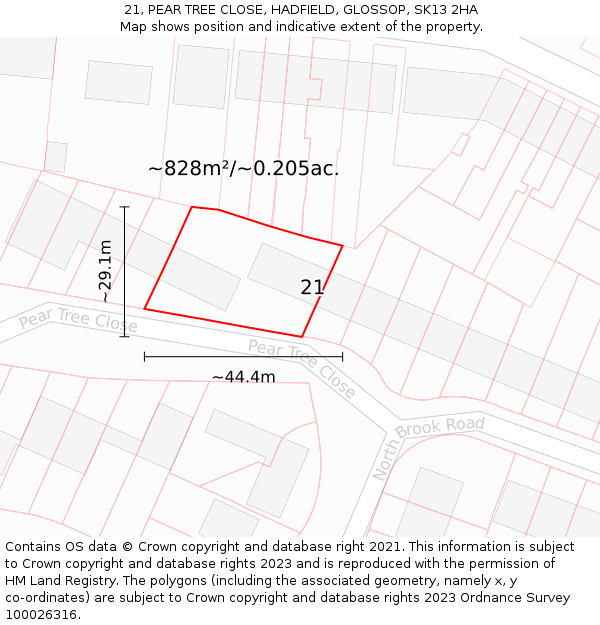 21, PEAR TREE CLOSE, HADFIELD, GLOSSOP, SK13 2HA: Plot and title map