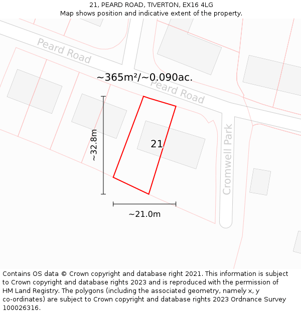 21, PEARD ROAD, TIVERTON, EX16 4LG: Plot and title map