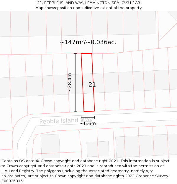 21, PEBBLE ISLAND WAY, LEAMINGTON SPA, CV31 1AR: Plot and title map