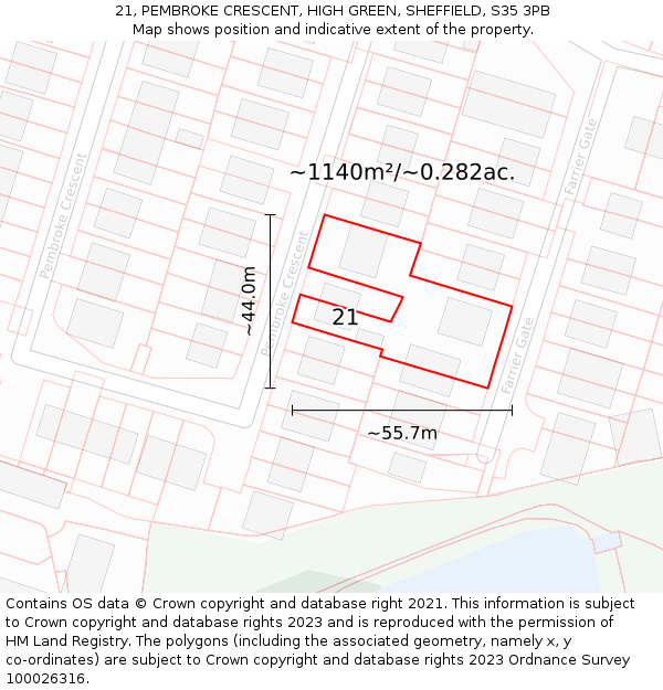 21, PEMBROKE CRESCENT, HIGH GREEN, SHEFFIELD, S35 3PB: Plot and title map