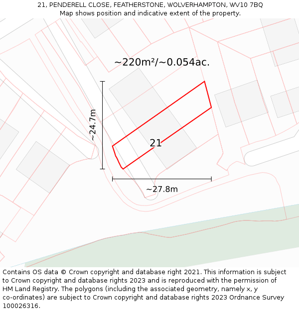 21, PENDERELL CLOSE, FEATHERSTONE, WOLVERHAMPTON, WV10 7BQ: Plot and title map