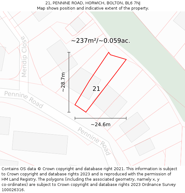 21, PENNINE ROAD, HORWICH, BOLTON, BL6 7NJ: Plot and title map
