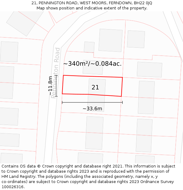 21, PENNINGTON ROAD, WEST MOORS, FERNDOWN, BH22 0JQ: Plot and title map