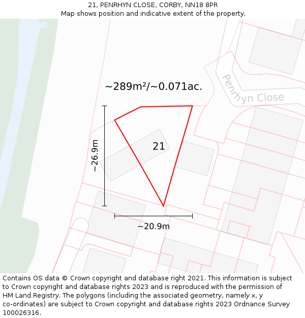 21, PENRHYN CLOSE, CORBY, NN18 8PR: Plot and title map