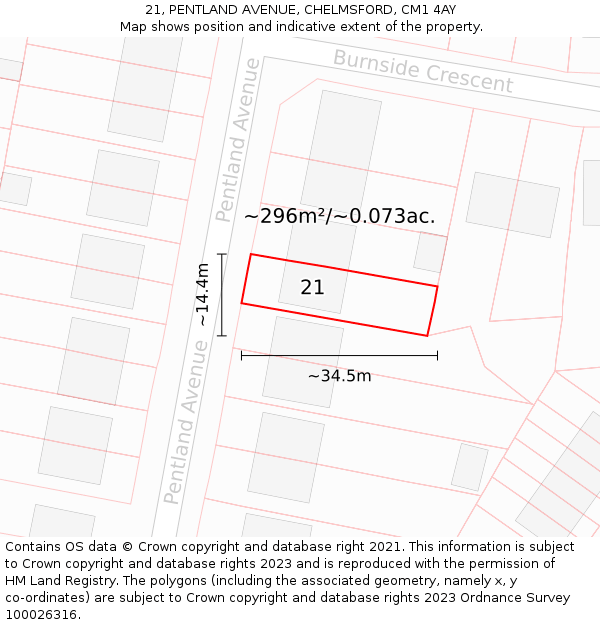 21, PENTLAND AVENUE, CHELMSFORD, CM1 4AY: Plot and title map
