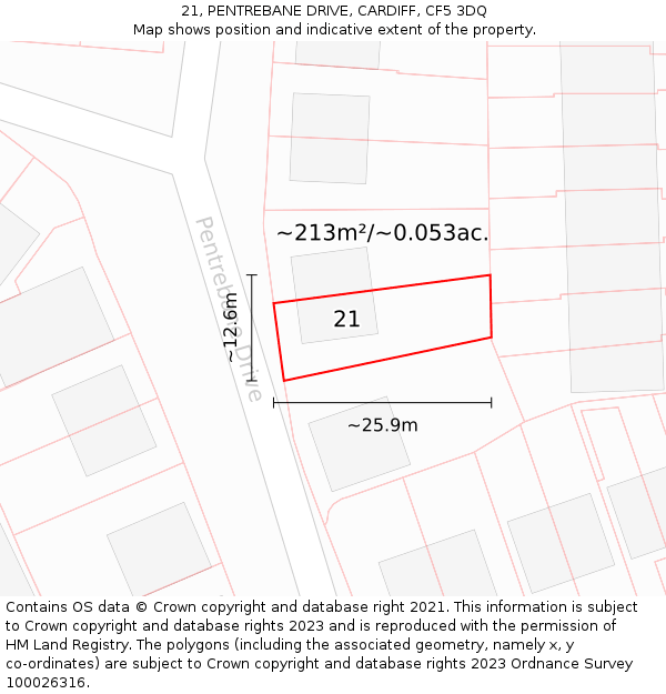 21, PENTREBANE DRIVE, CARDIFF, CF5 3DQ: Plot and title map