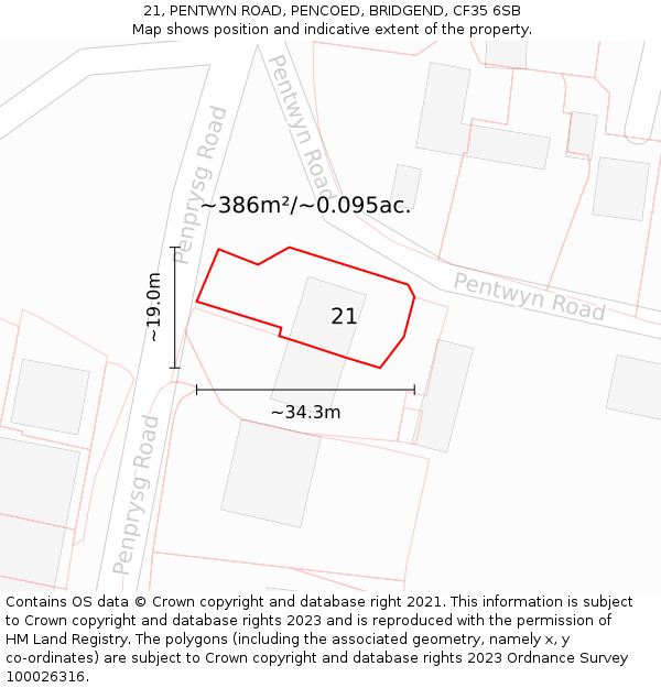 21, PENTWYN ROAD, PENCOED, BRIDGEND, CF35 6SB: Plot and title map