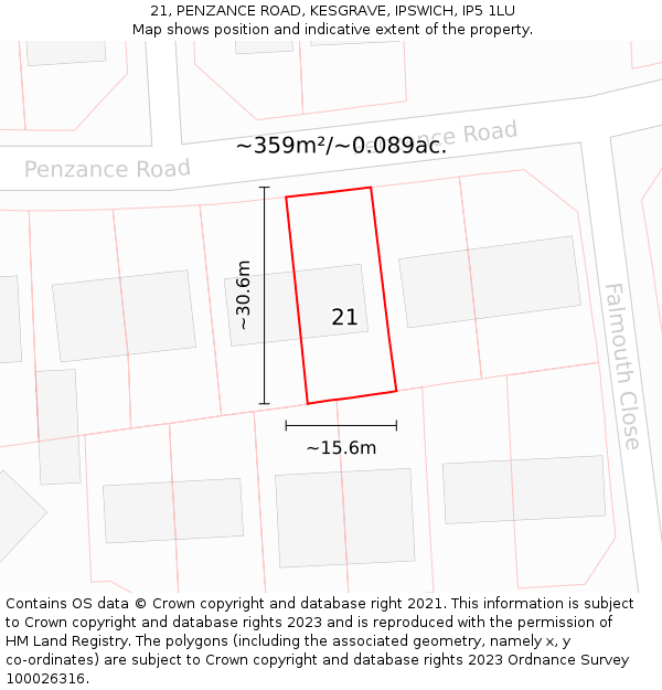 21, PENZANCE ROAD, KESGRAVE, IPSWICH, IP5 1LU: Plot and title map