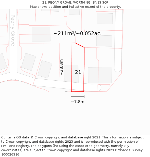 21, PEONY GROVE, WORTHING, BN13 3GF: Plot and title map