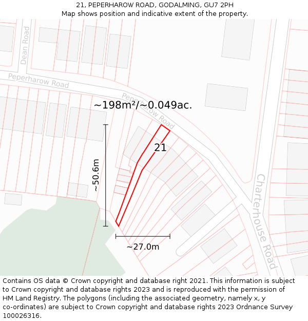 21, PEPERHAROW ROAD, GODALMING, GU7 2PH: Plot and title map