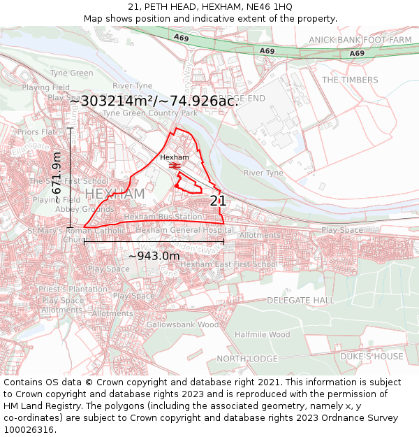 21, PETH HEAD, HEXHAM, NE46 1HQ: Plot and title map