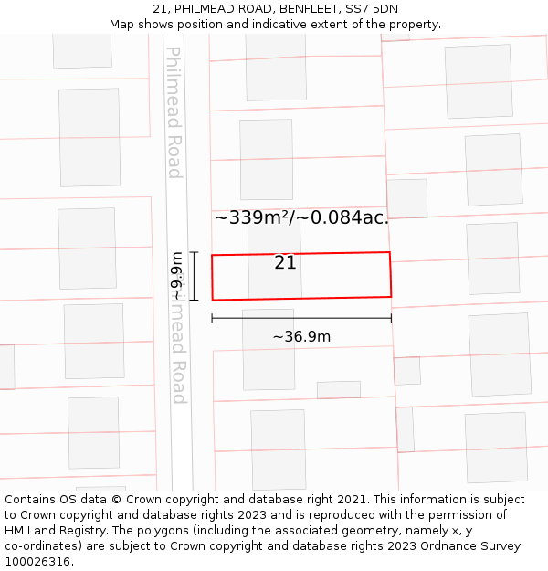 21, PHILMEAD ROAD, BENFLEET, SS7 5DN: Plot and title map