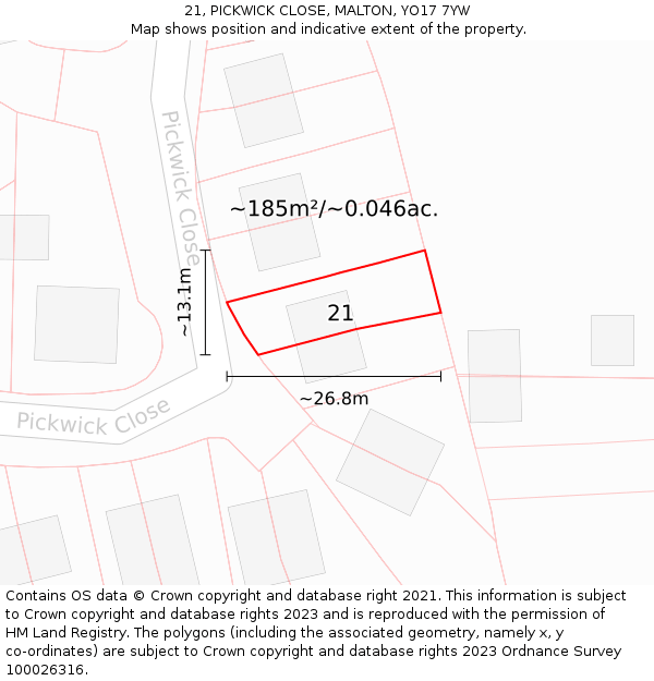 21, PICKWICK CLOSE, MALTON, YO17 7YW: Plot and title map