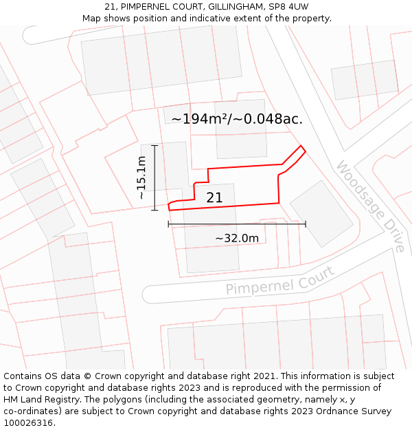 21, PIMPERNEL COURT, GILLINGHAM, SP8 4UW: Plot and title map
