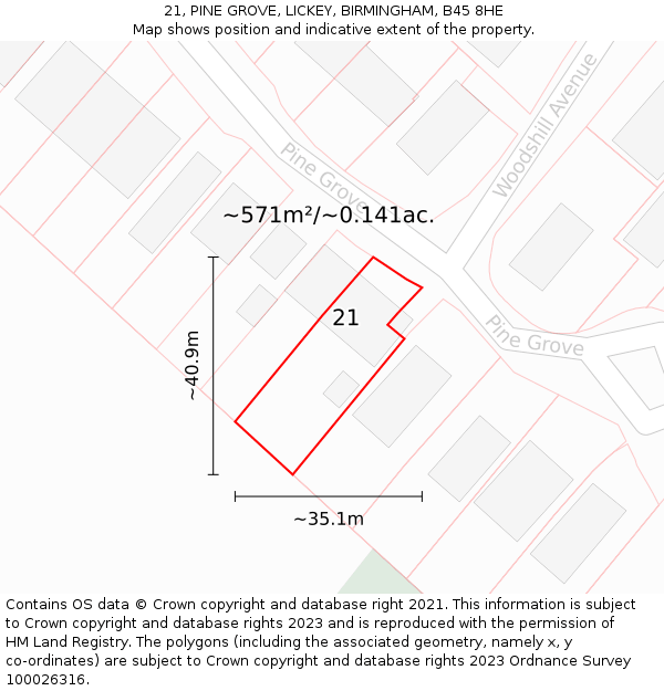 21, PINE GROVE, LICKEY, BIRMINGHAM, B45 8HE: Plot and title map