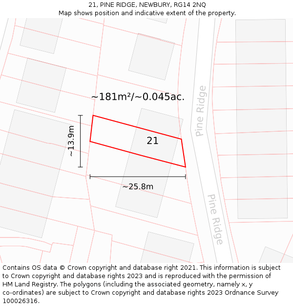 21, PINE RIDGE, NEWBURY, RG14 2NQ: Plot and title map