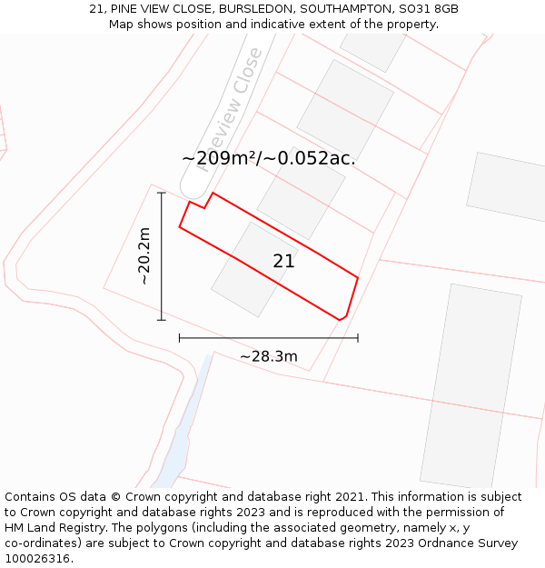 21, PINE VIEW CLOSE, BURSLEDON, SOUTHAMPTON, SO31 8GB: Plot and title map