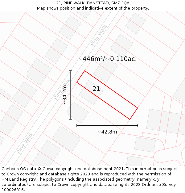 21, PINE WALK, BANSTEAD, SM7 3QA: Plot and title map