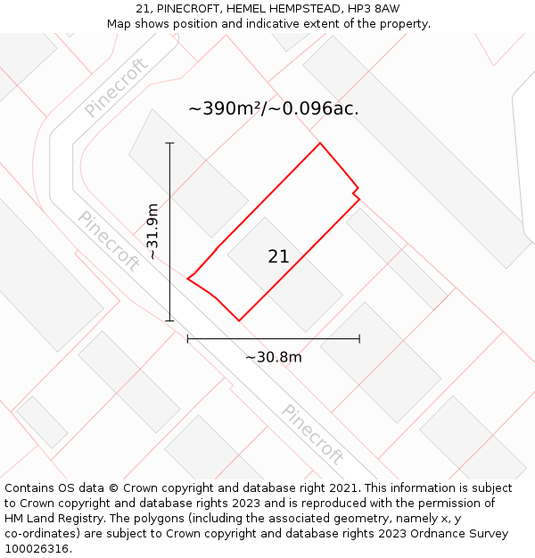 21, PINECROFT, HEMEL HEMPSTEAD, HP3 8AW: Plot and title map