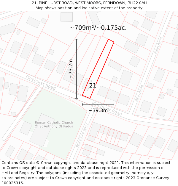 21, PINEHURST ROAD, WEST MOORS, FERNDOWN, BH22 0AH: Plot and title map