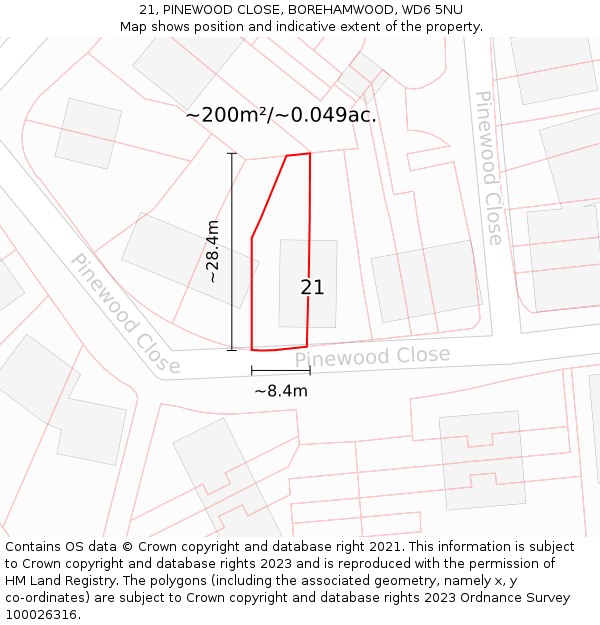 21, PINEWOOD CLOSE, BOREHAMWOOD, WD6 5NU: Plot and title map