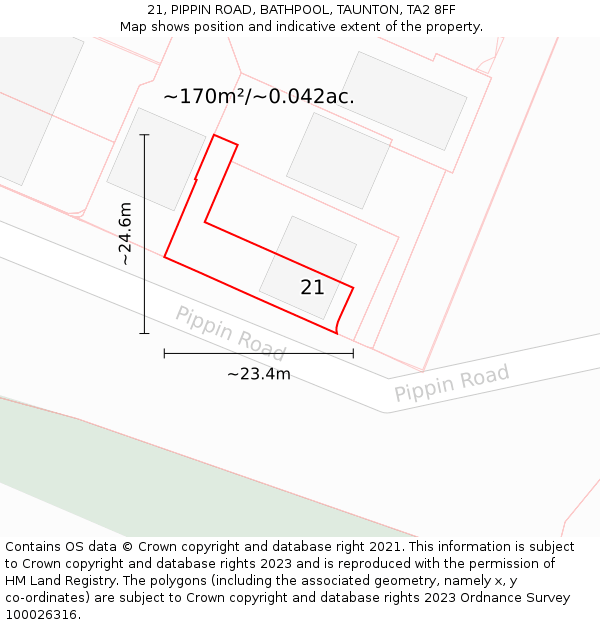 21, PIPPIN ROAD, BATHPOOL, TAUNTON, TA2 8FF: Plot and title map