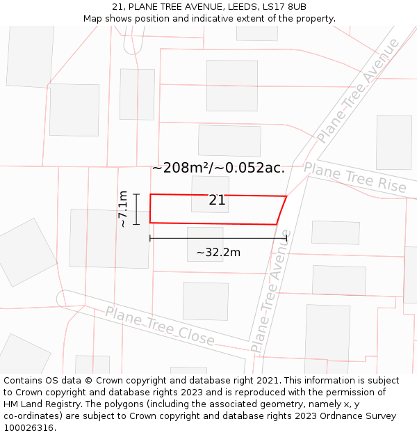 21, PLANE TREE AVENUE, LEEDS, LS17 8UB: Plot and title map