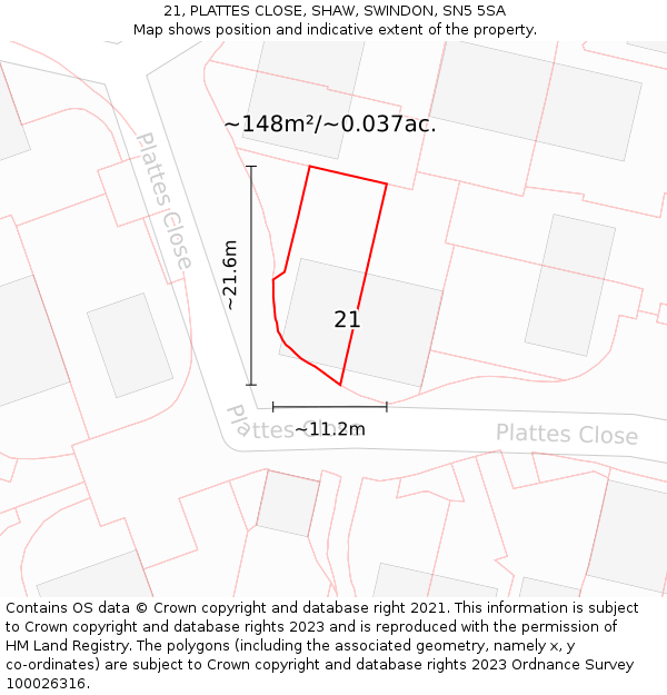 21, PLATTES CLOSE, SHAW, SWINDON, SN5 5SA: Plot and title map