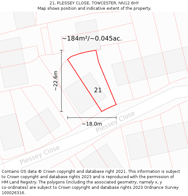 21, PLESSEY CLOSE, TOWCESTER, NN12 6HY: Plot and title map