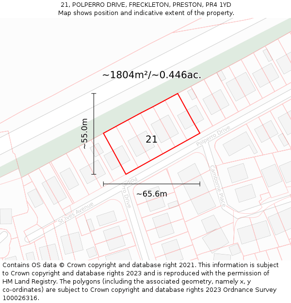 21, POLPERRO DRIVE, FRECKLETON, PRESTON, PR4 1YD: Plot and title map