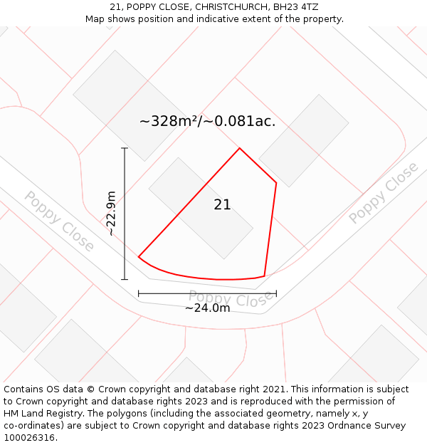 21, POPPY CLOSE, CHRISTCHURCH, BH23 4TZ: Plot and title map