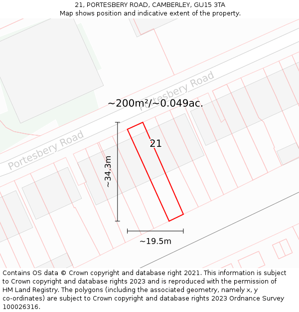 21, PORTESBERY ROAD, CAMBERLEY, GU15 3TA: Plot and title map