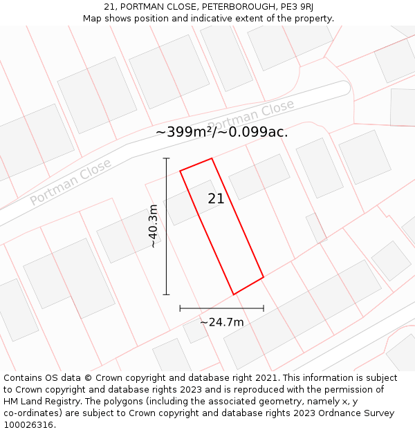 21, PORTMAN CLOSE, PETERBOROUGH, PE3 9RJ: Plot and title map