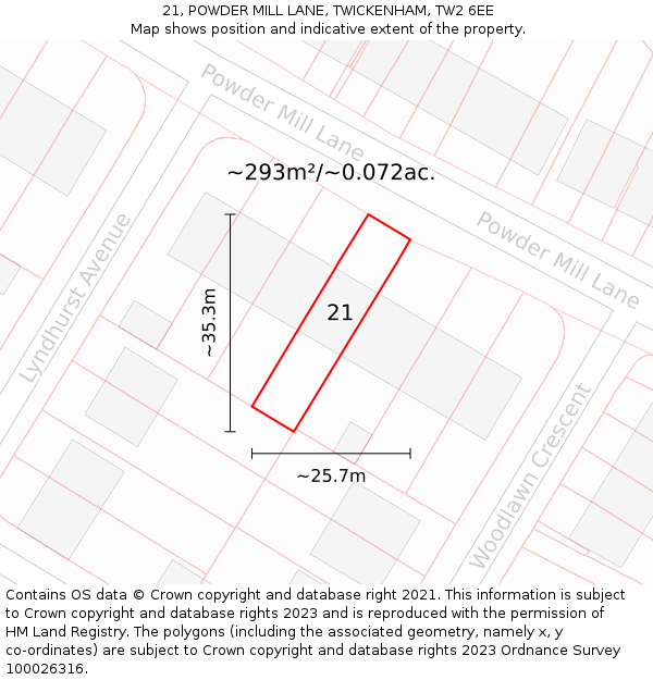 21, POWDER MILL LANE, TWICKENHAM, TW2 6EE: Plot and title map