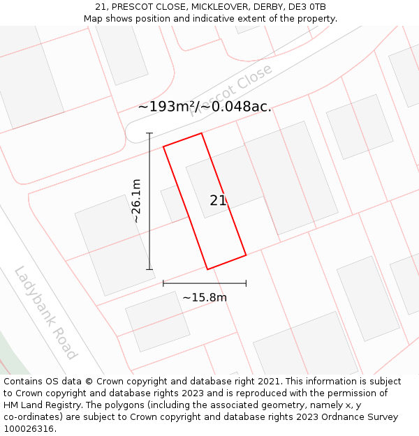 21, PRESCOT CLOSE, MICKLEOVER, DERBY, DE3 0TB: Plot and title map