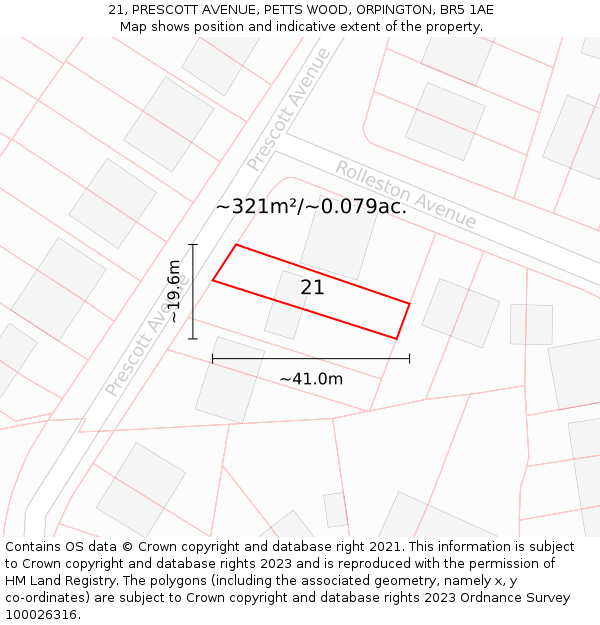 21, PRESCOTT AVENUE, PETTS WOOD, ORPINGTON, BR5 1AE: Plot and title map