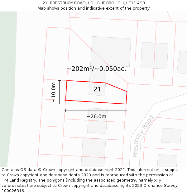 21, PRESTBURY ROAD, LOUGHBOROUGH, LE11 4SR: Plot and title map