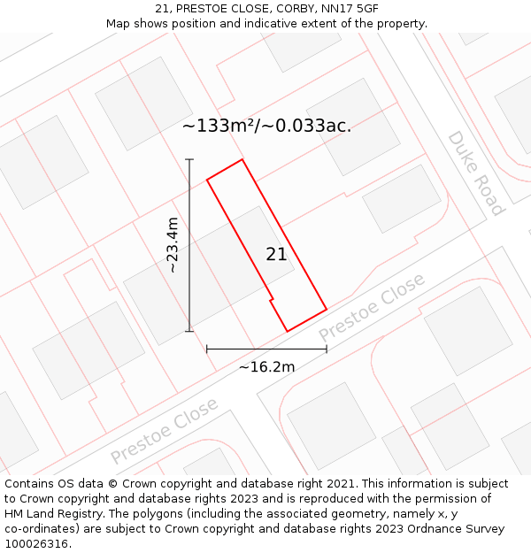 21, PRESTOE CLOSE, CORBY, NN17 5GF: Plot and title map