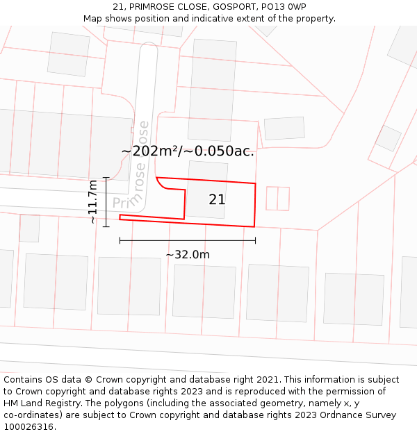 21, PRIMROSE CLOSE, GOSPORT, PO13 0WP: Plot and title map