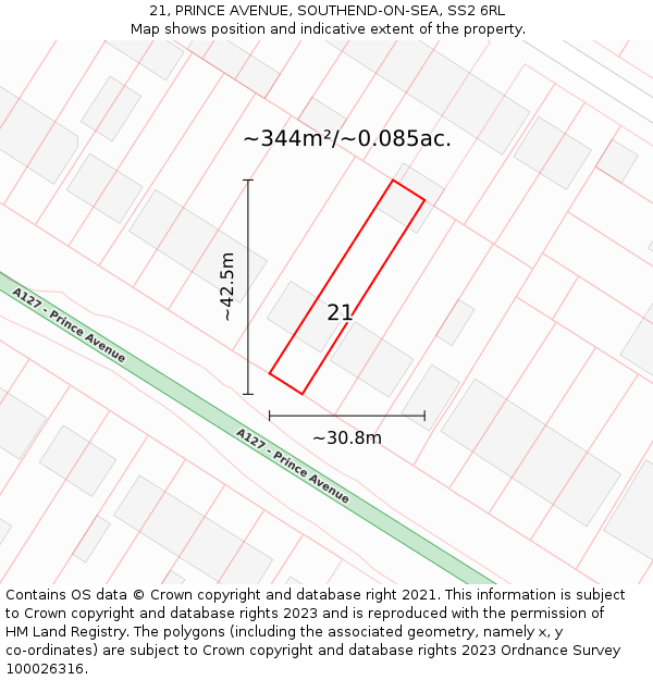 21, PRINCE AVENUE, SOUTHEND-ON-SEA, SS2 6RL: Plot and title map