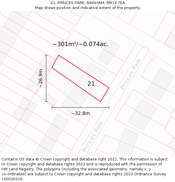 21, PRINCES PARK, RAINHAM, RM13 7EA: Plot and title map