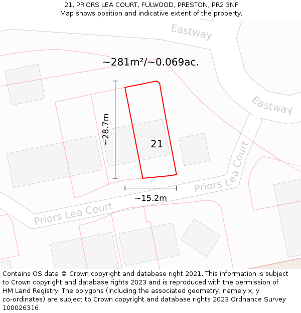 21, PRIORS LEA COURT, FULWOOD, PRESTON, PR2 3NF: Plot and title map