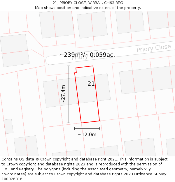 21, PRIORY CLOSE, WIRRAL, CH63 3EG: Plot and title map