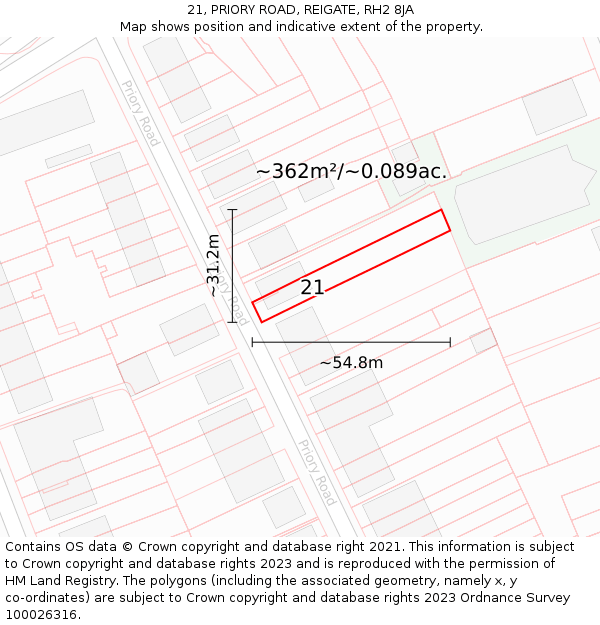 21, PRIORY ROAD, REIGATE, RH2 8JA: Plot and title map